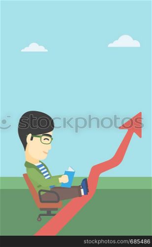 An asian businessman sitting in a chair and reading a book while his legs lay on an uprising arrow. Business study concept. Vector flat design illustration. Vertical layout.. Businessman reading book vector illustration.