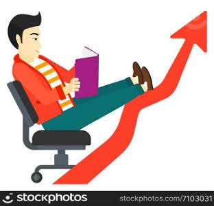 An asian businessman sitting in chair with a book in hands while his legs lay on an uprising arrow vector flat design illustration isolated on white background. . Businessman reading book.