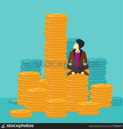 An asian businessman sitting on stack of golden coins and looking up to the biggest one on a blue background vector flat design illustration. Square layout.. Businessman sitting on gold.