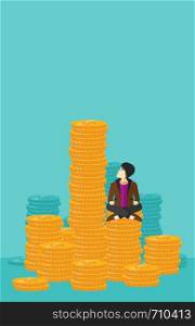 An asian businessman sitting on stack of golden coins and looking up to the biggest one on a blue background vector flat design illustration. Vertical layout.. Businessman sitting on gold.