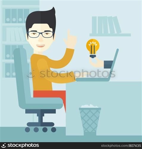 An asian businessman sitting while working infront of his desk getting a brilliant idea for business from the laptop. Business concept. A contemporary style with pastel palette soft blue tinted background. Vector flat design illustration. Square layout. . Asian guy working inside his office.