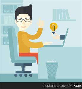 An asian businessman sitting while working infront of his desk getting a brilliant idea for business from the laptop. Business concept. A contemporary style with pastel palette soft blue tinted background. Vector flat design illustration. Square layout. . Asian guy working inside his office.