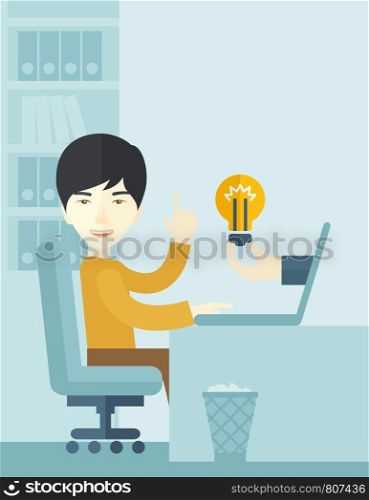 An asian businessman sitting while working infront of his desk getting a brilliant idea for business from the laptop. Business concept. A contemporary style with pastel palette soft blue tinted background. Vector flat design illustration. Vertical layout with text space on upper right side.. Asian guy working inside his office.
