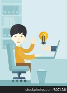 An asian businessman sitting while working infront of his desk getting a brilliant idea for business from the laptop. Business concept. A contemporary style with pastel palette soft blue tinted background. Vector flat design illustration. Vertical layout with text space on upper right side.. Asian guy working inside his office.