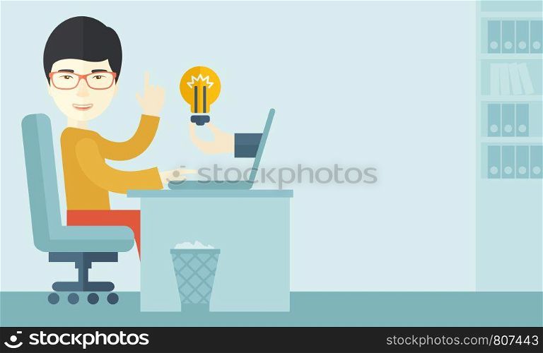An asian businessman sitting while working infront of his desk getting a brilliant idea for business from the laptop. Business concept. A contemporary style with pastel palette soft blue tinted background. Vector flat design illustration. Horizontal layout.. Asian guy working inside his office.