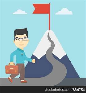 An asian businessman standing at the foot of the mountain. Businessman walking on a road leading to the flag on the top of the mountain. Vector flat design illustration. Square layout.. Cheerful leader business man vector illustration.