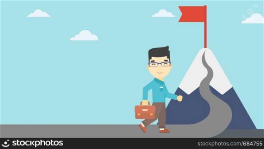 An asian businessman standing at the foot of the mountain. Businessman walking on a road leading to the flag on the top of the mountain. Vector flat design illustration. Horizontal layout.. Cheerful leader business man vector illustration.