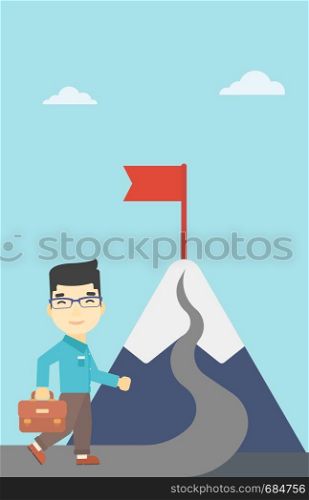 An asian businessman standing at the foot of the mountain. Businessman walking on a road leading to the flag on the top of the mountain. Vector flat design illustration. Vertical layout.. Cheerful leader business man vector illustration.