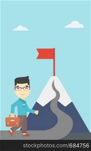 An asian businessman standing at the foot of the mountain. Businessman walking on a road leading to the flag on the top of the mountain. Vector flat design illustration. Vertical layout.. Cheerful leader business man vector illustration.