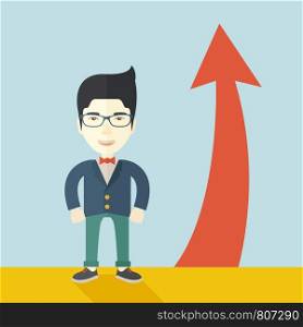 An asian businessman standing beside the red arrow pointing up. Successful business concept. A Contemporary style with pastel palette, soft blue tinted background. Vector flat design illustration. Square layout.. Asian Businessman standing beside the red arrrow
