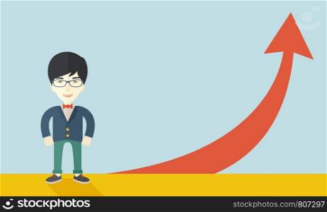 An asian businessman standing beside the red arrow pointing up. Successful business concept. A Contemporary style with pastel palette, soft blue tinted background. Vector flat design illustration. Horizontal layout.. Asian Businessman standing beside the red arrrow