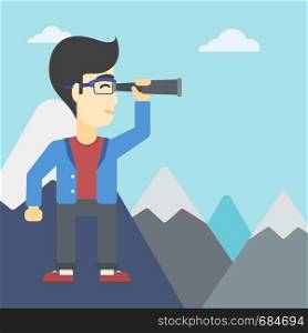 An asian businessman standing on the top of mountain with spyglass. Young businessman looking for success and business opportunities. Vector flat design illustration. Square layout.. Businessman looking through spyglass.