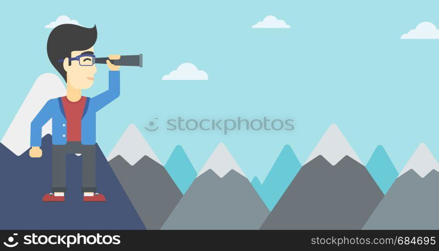 An asian businessman standing on the top of mountain with spyglass. Young businessman looking for success and business opportunities. Vector flat design illustration. Horizontal layout.. Businessman looking through spyglass.