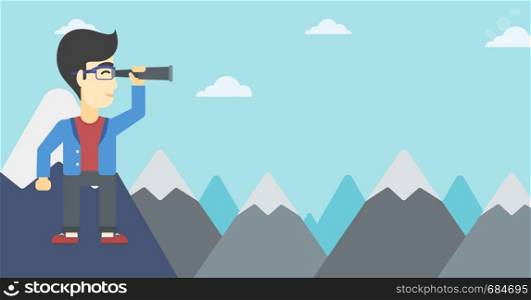 An asian businessman standing on the top of mountain with spyglass. Young businessman looking for success and business opportunities. Vector flat design illustration. Horizontal layout.. Businessman looking through spyglass.