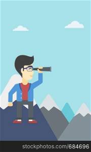 An asian businessman standing on the top of mountain with spyglass. Young businessman looking for success and business opportunities. Vector flat design illustration. Vertical layout.. Businessman looking through spyglass.