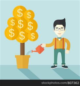 An asian businessman standing while happily watering a money tree growing bigger in a pot as a sign of his success in business. Hardworking concept. A contemporary style with pastel palette soft blue tinted background. Vector flat design illustration. Square layout. Asian businessman happily watering the money tree.