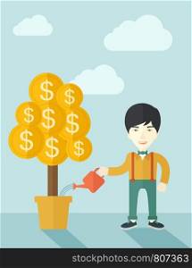 An asian businessman standing while happily watering a money tree growing bigger in a pot as a sign of his success in business. Hardworking concept. A contemporary style with pastel palette soft blue tinted background with desaturated clouds. Vector flat design illustration. Vertical layout.. Asian businessman happily watering the money tree.