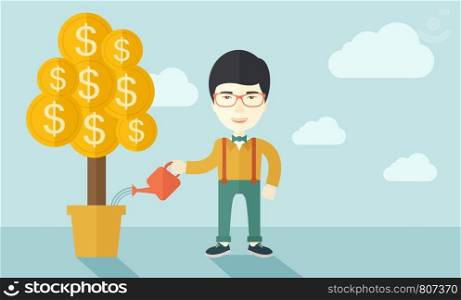 An asian businessman standing while happily watering a money tree growing bigger in a pot as a sign of his success in business. Hardworking concept. A contemporary style with pastel palette soft blue tinted background with desaturated clouds.. Vector flat design illustration. Horizontal layout.. Asian businessman happily watering the money tree.