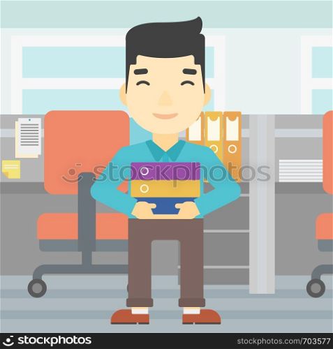 An asian businessman standing with pile of folders in the office. Young businessman carrying a stack of folders. Vector flat design illustration. Square layout.. Businessman holding pile of folders.