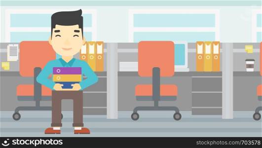 An asian businessman standing with pile of folders in the office. Young businessman carrying a stack of folders. Vector flat design illustration. Horizontal layout.. Businessman holding pile of folders.