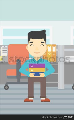 An asian businessman standing with pile of folders in the office. Young businessman carrying a stack of folders. Vector flat design illustration. Vertical layout.. Businessman holding pile of folders.