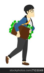 An asian businessman walking with suitcase full of money vector flat design illustration isolated on white background. . Man with suitcase full of money.