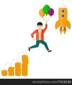 An asian businessman with balloons flying over golden coins graphs and a rocket flying nearby vector flat design illustration isolated on white background. . Successful business start up.