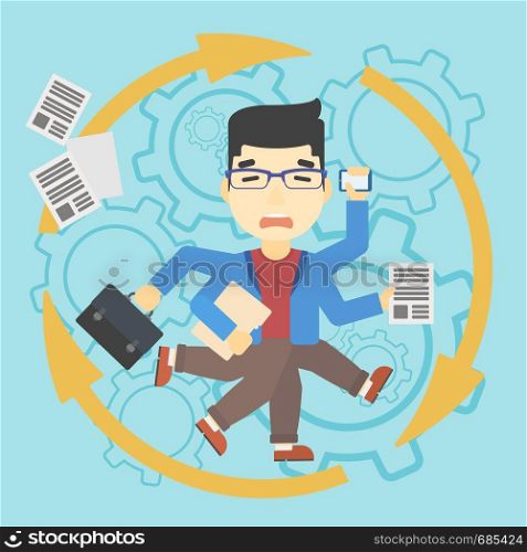 An asian businessman with many legs and hands holding papers, briefcase, smartphone. Multitasking and productivity concept. Vector flat design illustration. Square layout.. Businessman coping with multitasking.