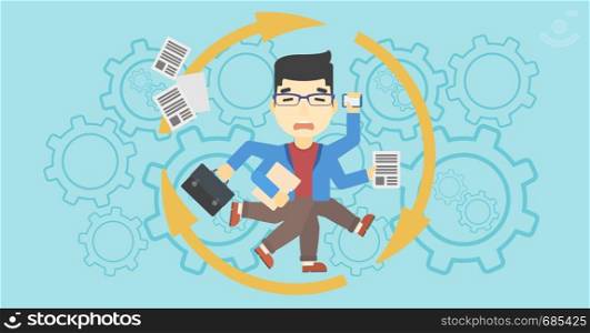 An asian businessman with many legs and hands holding papers, briefcase, smartphone. Multitasking and productivity concept. Vector flat design illustration. Horizontal layout.. Businessman coping with multitasking.