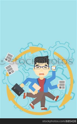 An asian businessman with many legs and hands holding papers, briefcase, smartphone. Multitasking and productivity concept. Vector flat design illustration. Vertical layout.. Businessman coping with multitasking.