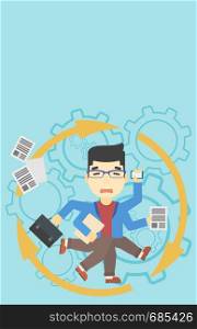 An asian businessman with many legs and hands holding papers, briefcase, smartphone. Multitasking and productivity concept. Vector flat design illustration. Vertical layout.. Businessman coping with multitasking.