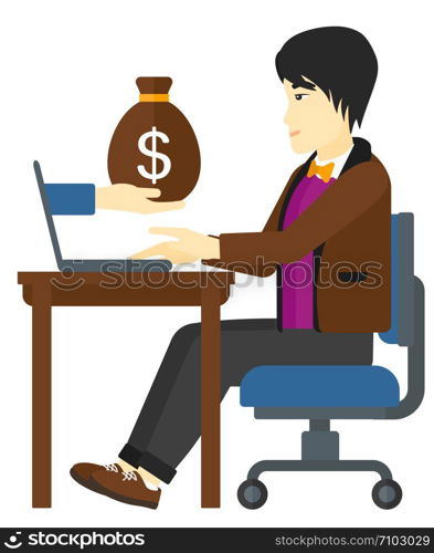 An asian businessman working in office and a bag of money coming out of his laptop vector flat design illustration isolated on white background. . Businessman working in office.