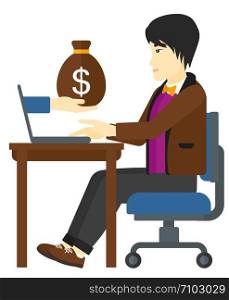 An asian businessman working in office and a bag of money coming out of his laptop vector flat design illustration isolated on white background. . Businessman working in office.