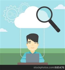 An asian businessman working on a laptop and cloud, magnifier and gears above him. Cloud computing concept. Vector flat design illustration. Square layout.. Cloud computing technology vector illustration.