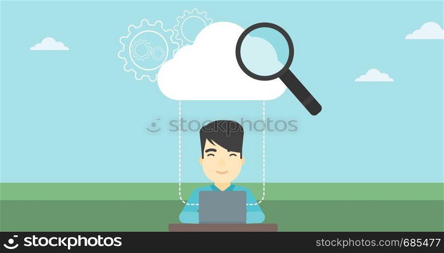 An asian businessman working on a laptop and cloud, magnifier and gears above him. Cloud computing concept. Vector flat design illustration. Horizontal layout.. Cloud computing technology vector illustration.