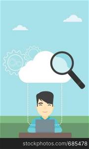 An asian businessman working on a laptop and cloud, magnifier and gears above him. Cloud computing concept. Vector flat design illustration. Vertical layout.. Cloud computing technology vector illustration.