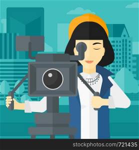 An asian camerawoman looking through movie camera on a city background vector flat design illustration. Square layout.. Camerawoman with movie camera on a tripod.
