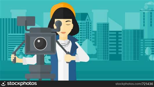 An asian camerawoman looking through movie camera on a city background vector flat design illustration. Horizontal layout.. Camerawoman with movie camera on a tripod.
