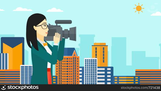 An asian camerawoman with video camera taking a video on a city background vector flat design illustration. Horizontal layout.. Camerawoman with video camera.