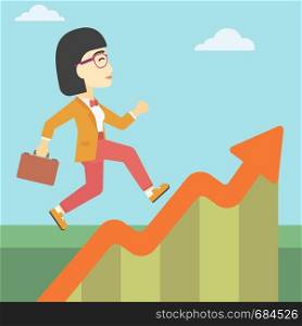 An asian cheerful business woman running along the growth graph. Happy business woman going up. Woman moving up. Successful business concept. Vector flat design illustration. Square layout.. Business woman running along the growth graph.