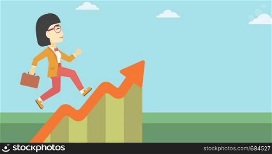 An asian cheerful business woman running along the growth graph. Happy business woman going up. Woman moving up. Successful business concept. Vector flat design illustration. Horizontal layout.. Business woman running along the growth graph.
