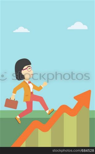 An asian cheerful business woman running along the growth graph. Happy business woman going up. Woman moving up. Successful business concept. Vector flat design illustration. Vertical layout.. Business woman running along the growth graph.