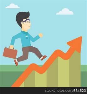 An asian cheerful businessman running along the growth graph. Happy businessman going up. Man moving up. Successful business concept. Vector flat design illustration. Square layout.. Businessman running along the growth graph.