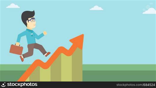 An asian cheerful businessman running along the growth graph. Happy businessman going up. Man moving up. Successful business concept. Vector flat design illustration. Horizontal layout.. Businessman running along the growth graph.