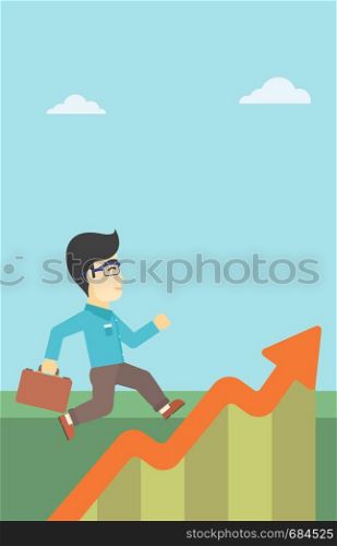 An asian cheerful businessman running along the growth graph. Happy businessman going up. Man moving up. Successful business concept. Vector flat design illustration. Vertical layout.. Businessman running along the growth graph.