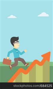 An asian cheerful businessman running along the growth graph. Happy businessman going up. Man moving up. Successful business concept. Vector flat design illustration. Vertical layout.. Businessman running along the growth graph.