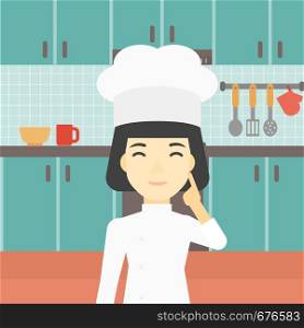 An asian chief-cooker in uniform standing in the kitchen and pointing forefinger up. Chef thinking about the recipe. Chef having an idea. Vector flat design illustration. Square layout.. Chief cooker having idea vector illustration.