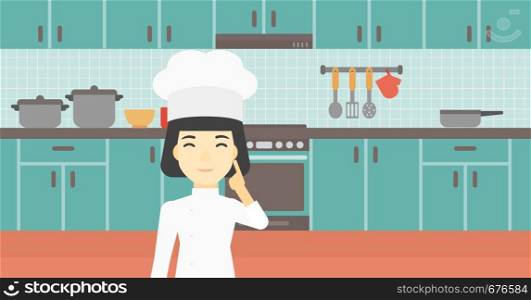 An asian chief-cooker in uniform standing in the kitchen and pointing forefinger up. Chef thinking about the recipe. Chef having an idea. Vector flat design illustration. Horizontal layout.. Chief cooker having idea vector illustration.