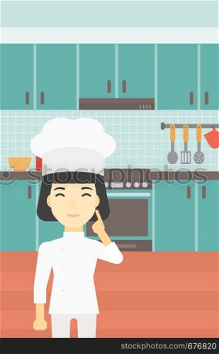 An asian chief-cooker in uniform standing in the kitchen and pointing forefinger up. Chef thinking about the recipe. Chef having an idea. Vector flat design illustration. Vertical layout.. Chief cooker having idea vector illustration.