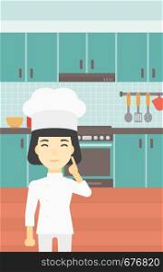 An asian chief-cooker in uniform standing in the kitchen and pointing forefinger up. Chef thinking about the recipe. Chef having an idea. Vector flat design illustration. Vertical layout.. Chief cooker having idea vector illustration.